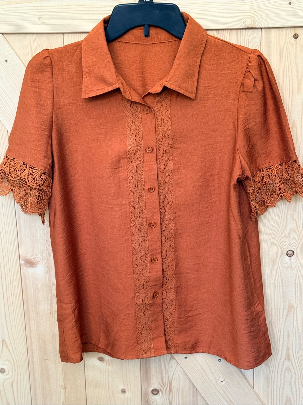 Women's Lace-Trim Button Front Blouse - Rust Orange